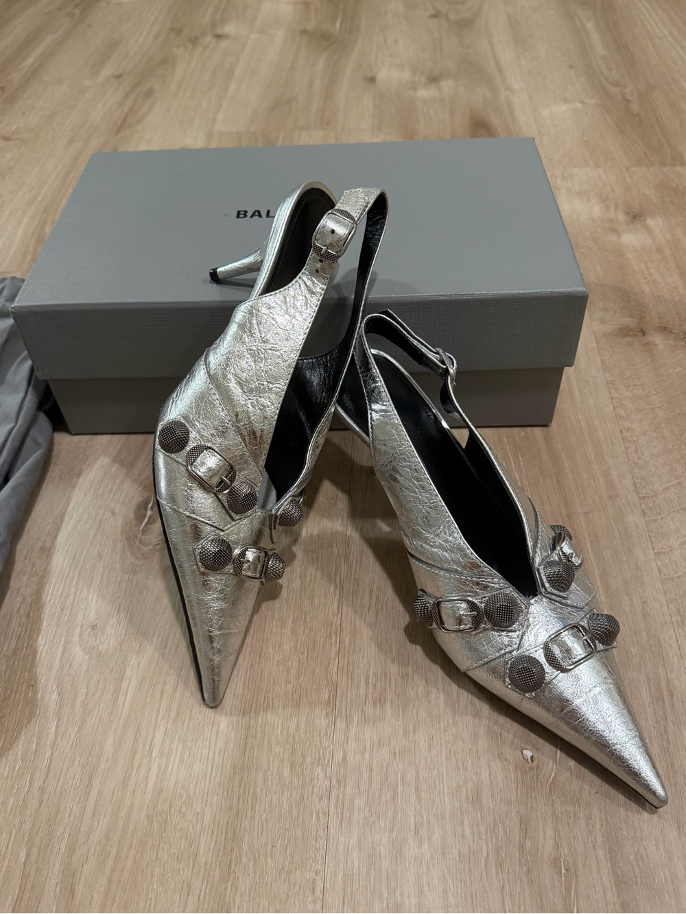 Balenciaga Metallic Silver Pointed Slingback Heels with Buckle Details